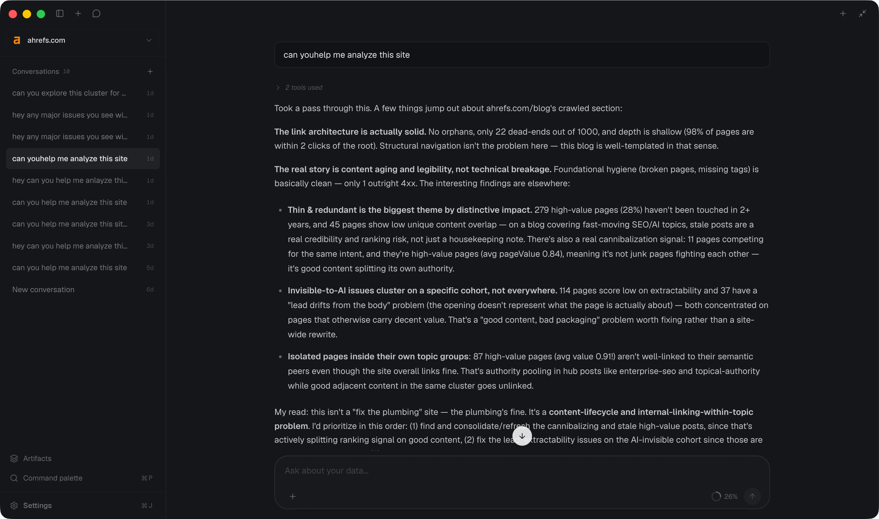 Agent reading crawl evidence and explaining what it found — dark mode