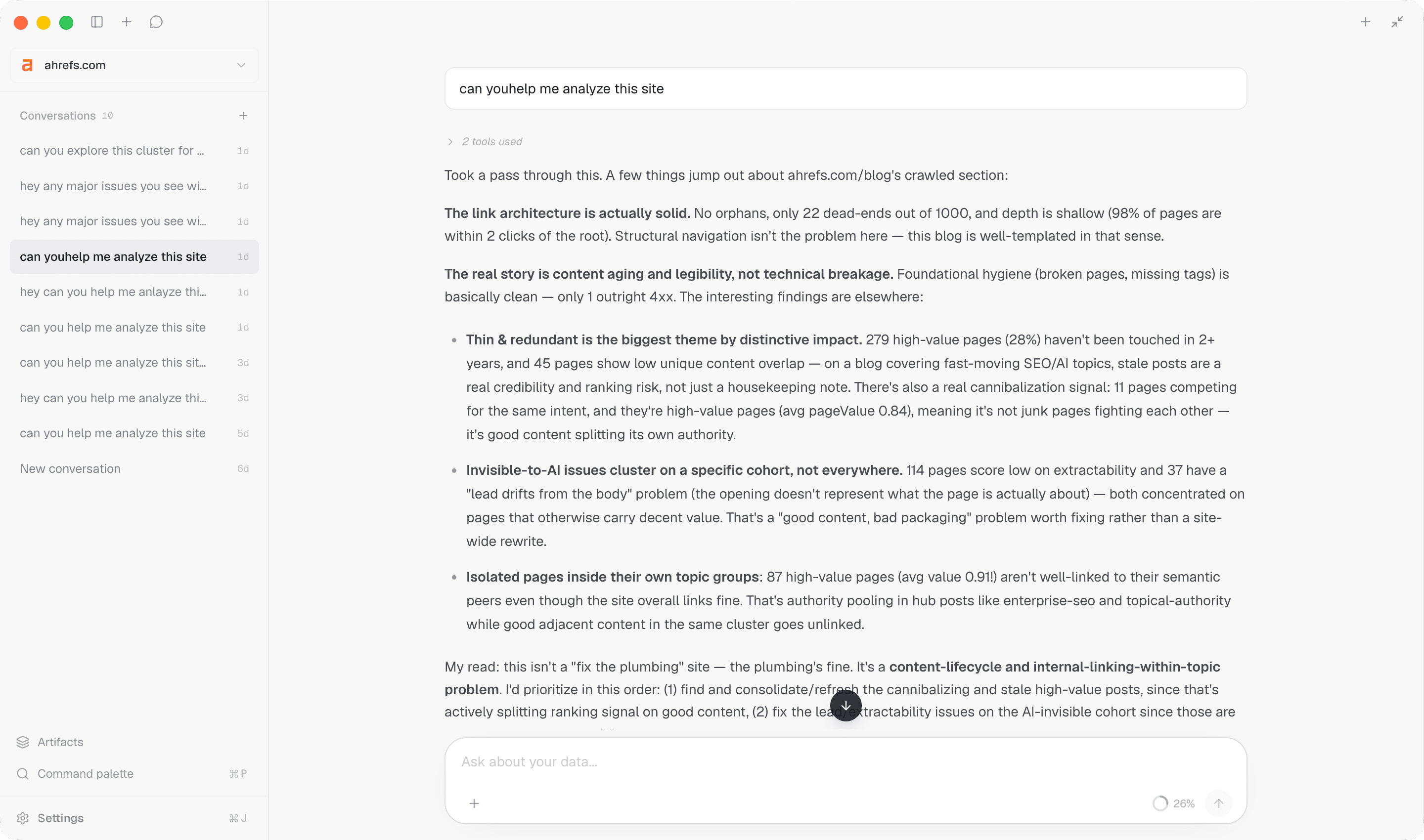 Agent reading crawl evidence and explaining what it found — light mode