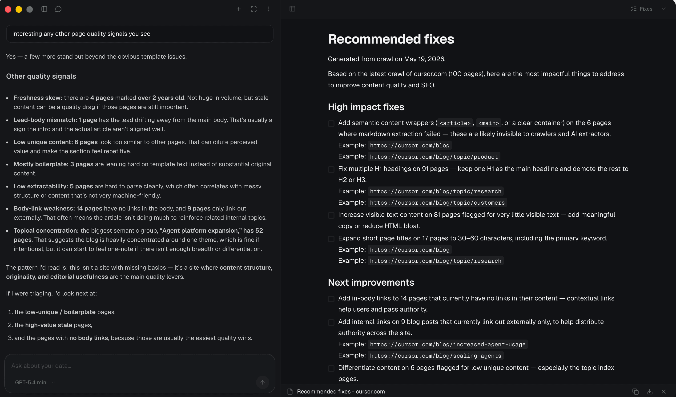 Agent conversation beside a recommended fixes document — dark mode