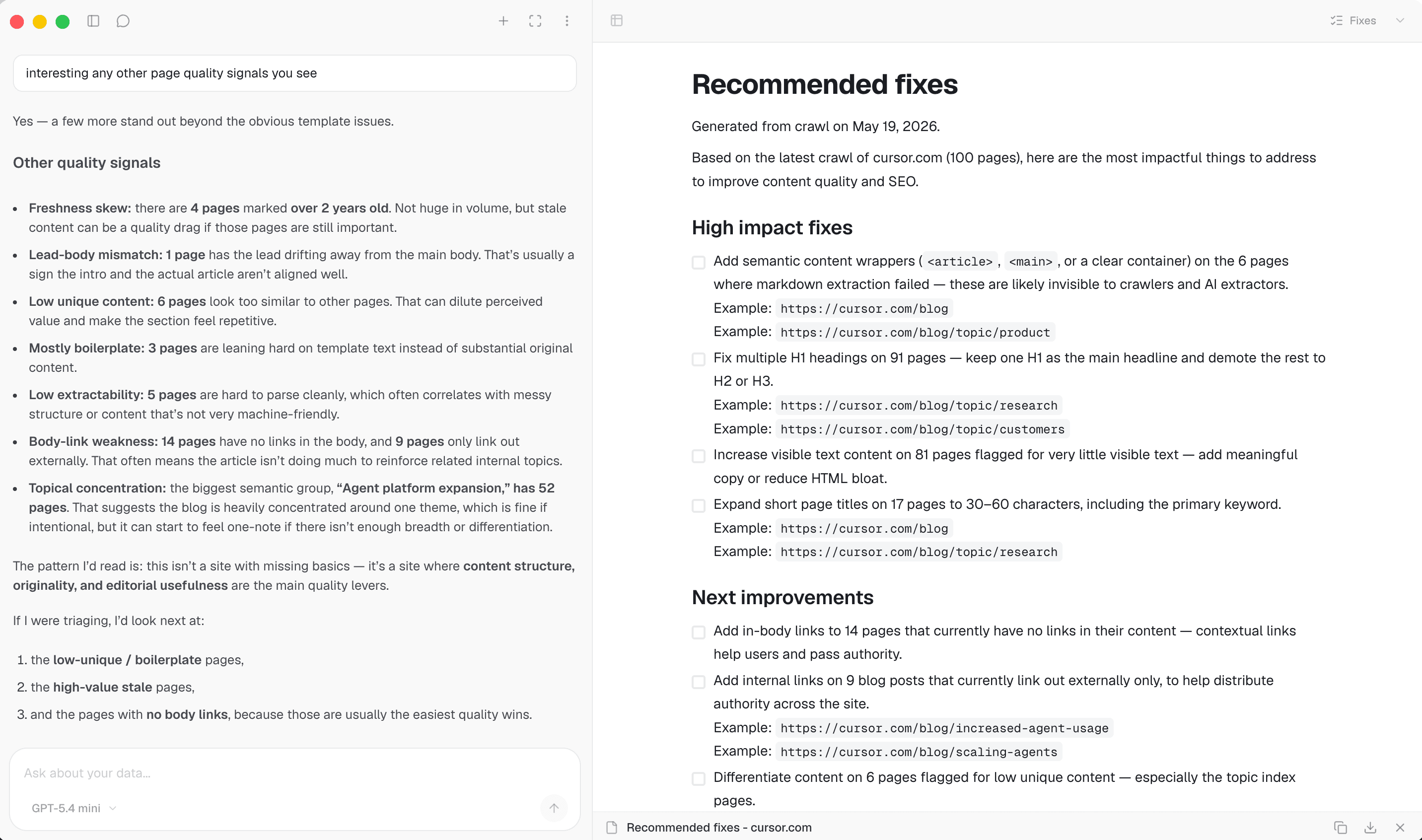 Agent conversation beside a recommended fixes document — light mode