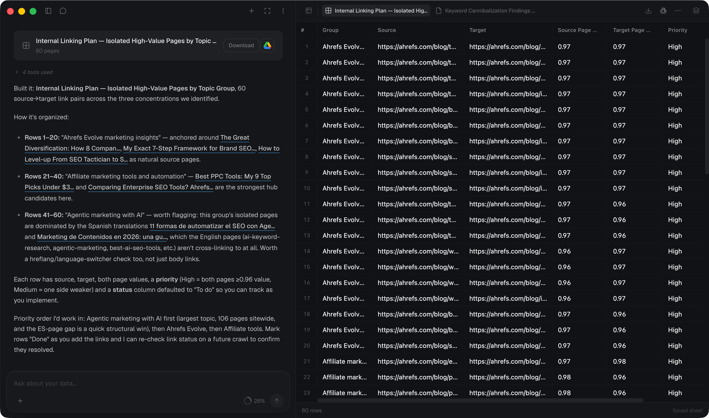 Internal linking plan built as a sheet of source and target pairs — dark mode