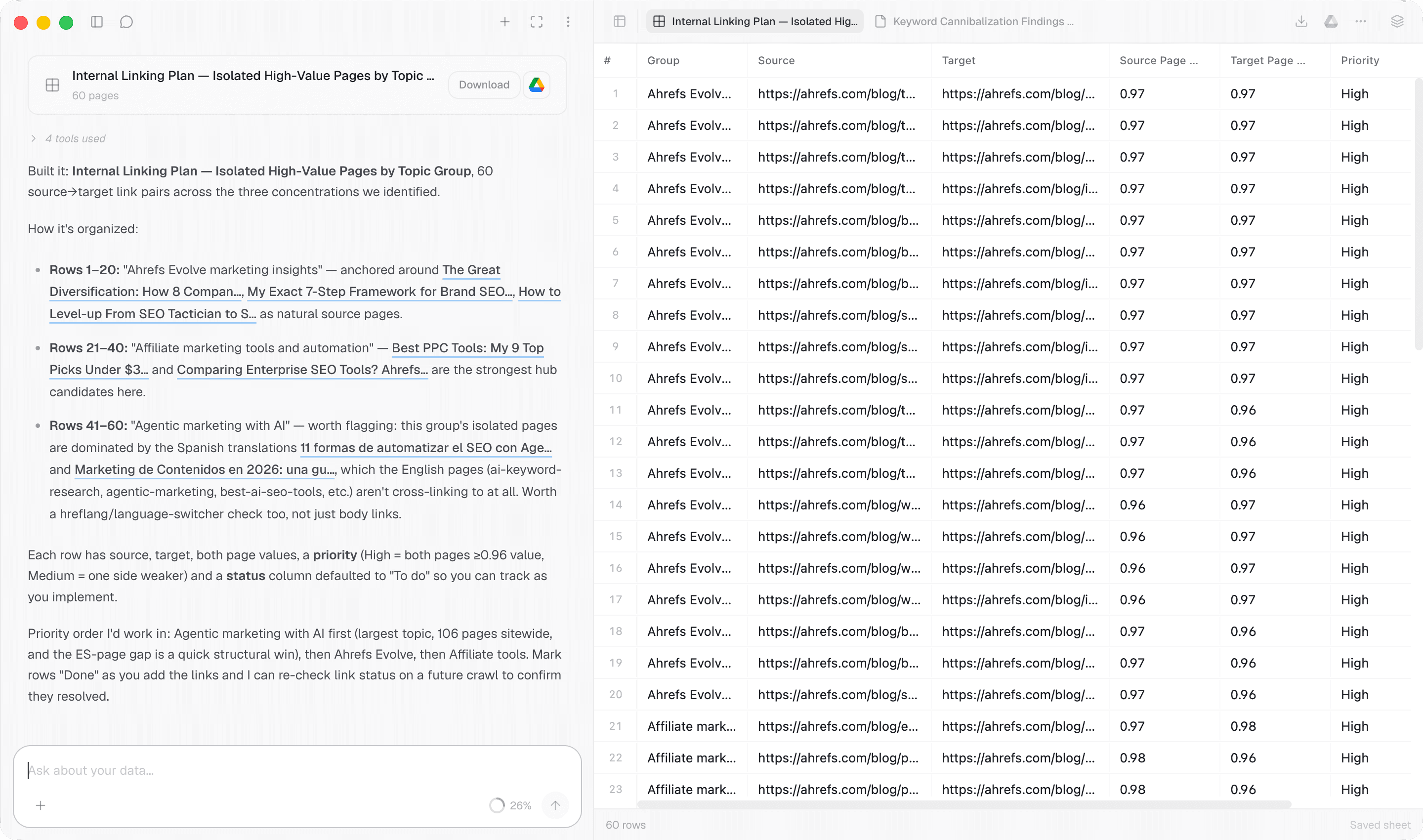 Internal linking plan built as a sheet of source and target pairs — light mode