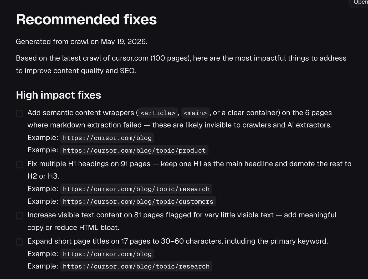 Recommended fixes generated from a crawl, ranked by impact — dark mode
