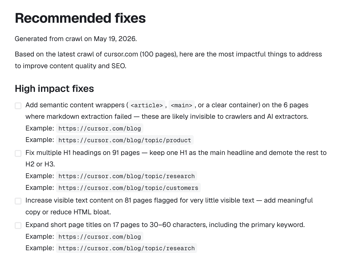 Recommended fixes generated from a crawl, ranked by impact — light mode