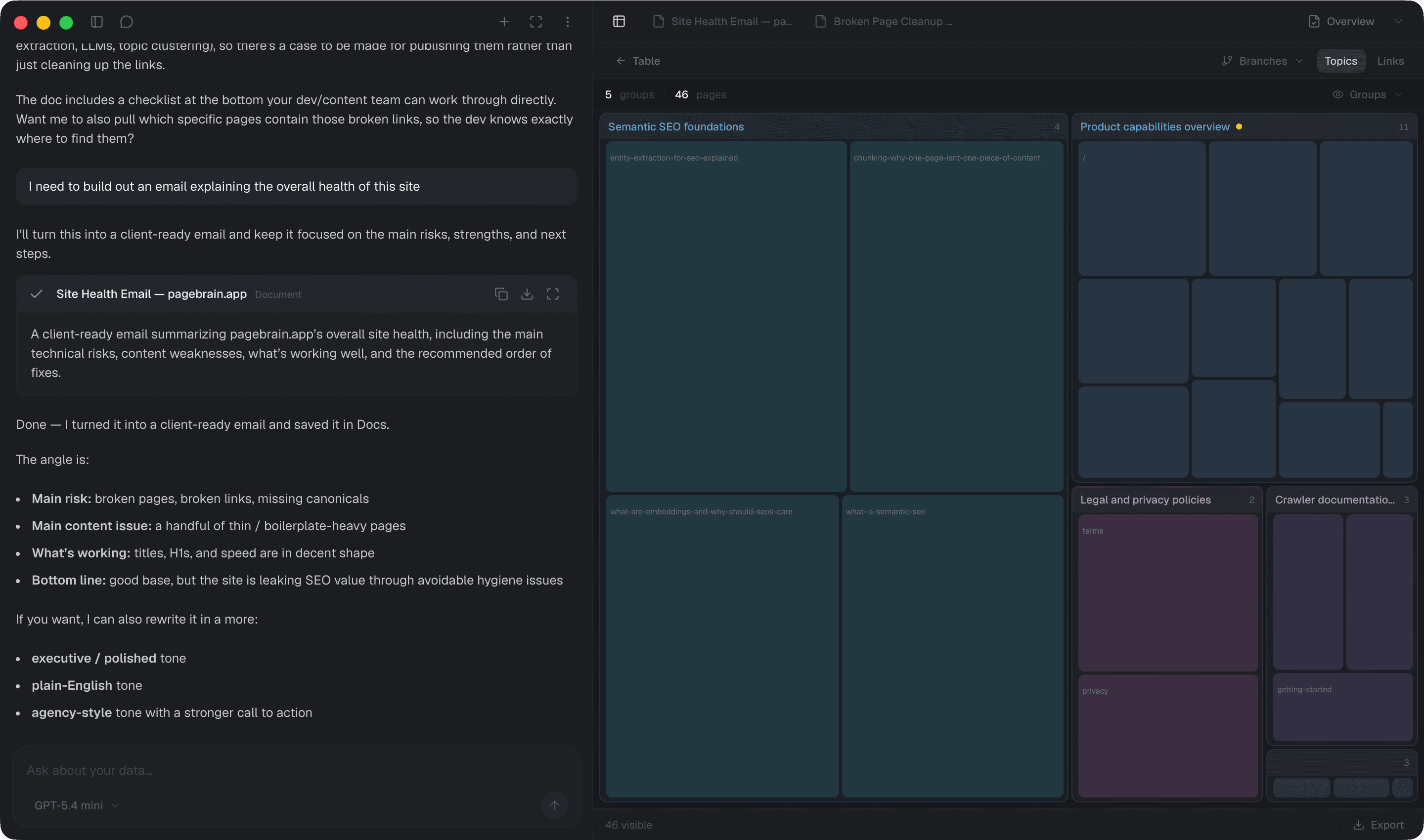 Topic map beside an agent drafting a site health summary — dark mode