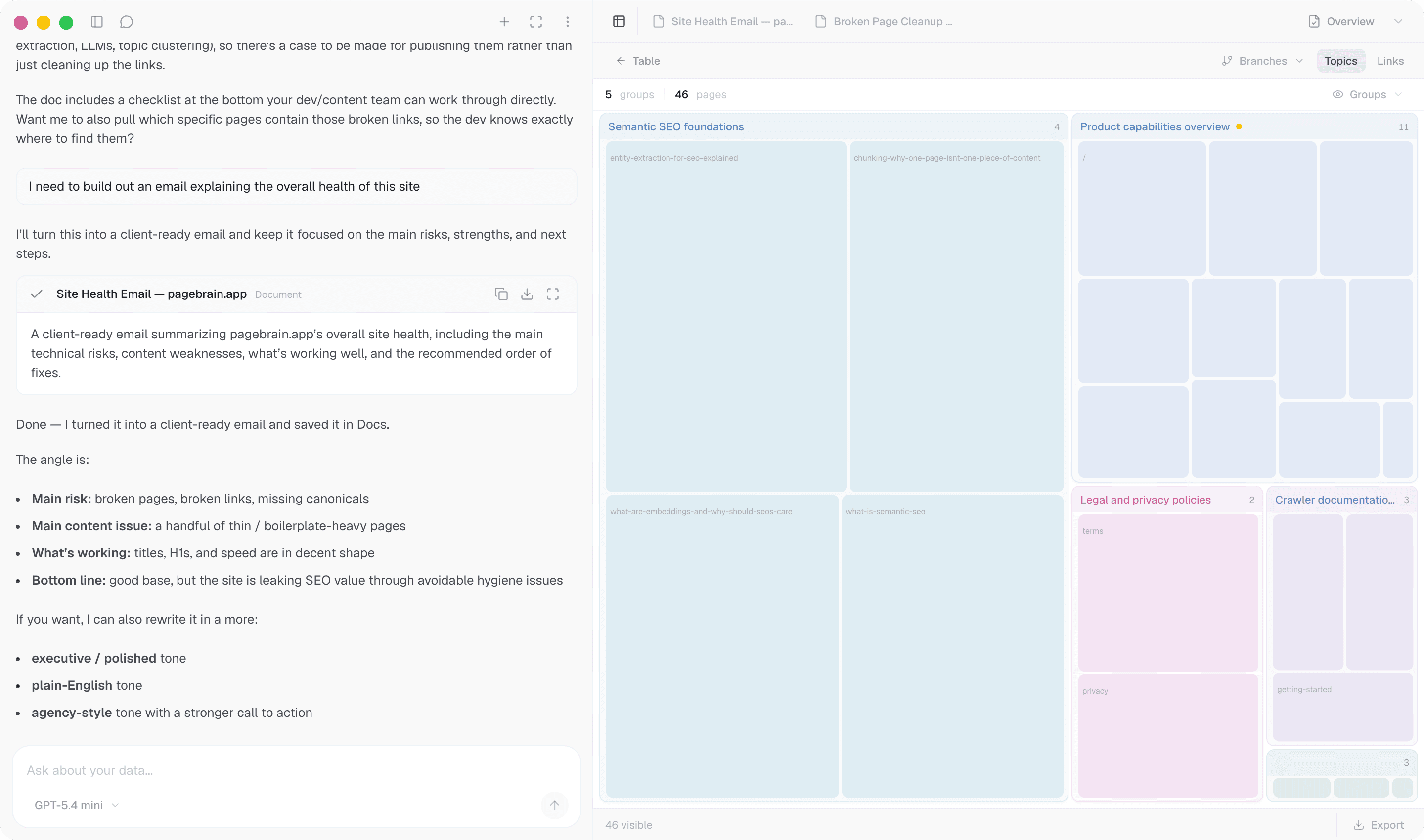 Topic map beside an agent drafting a site health summary — light mode