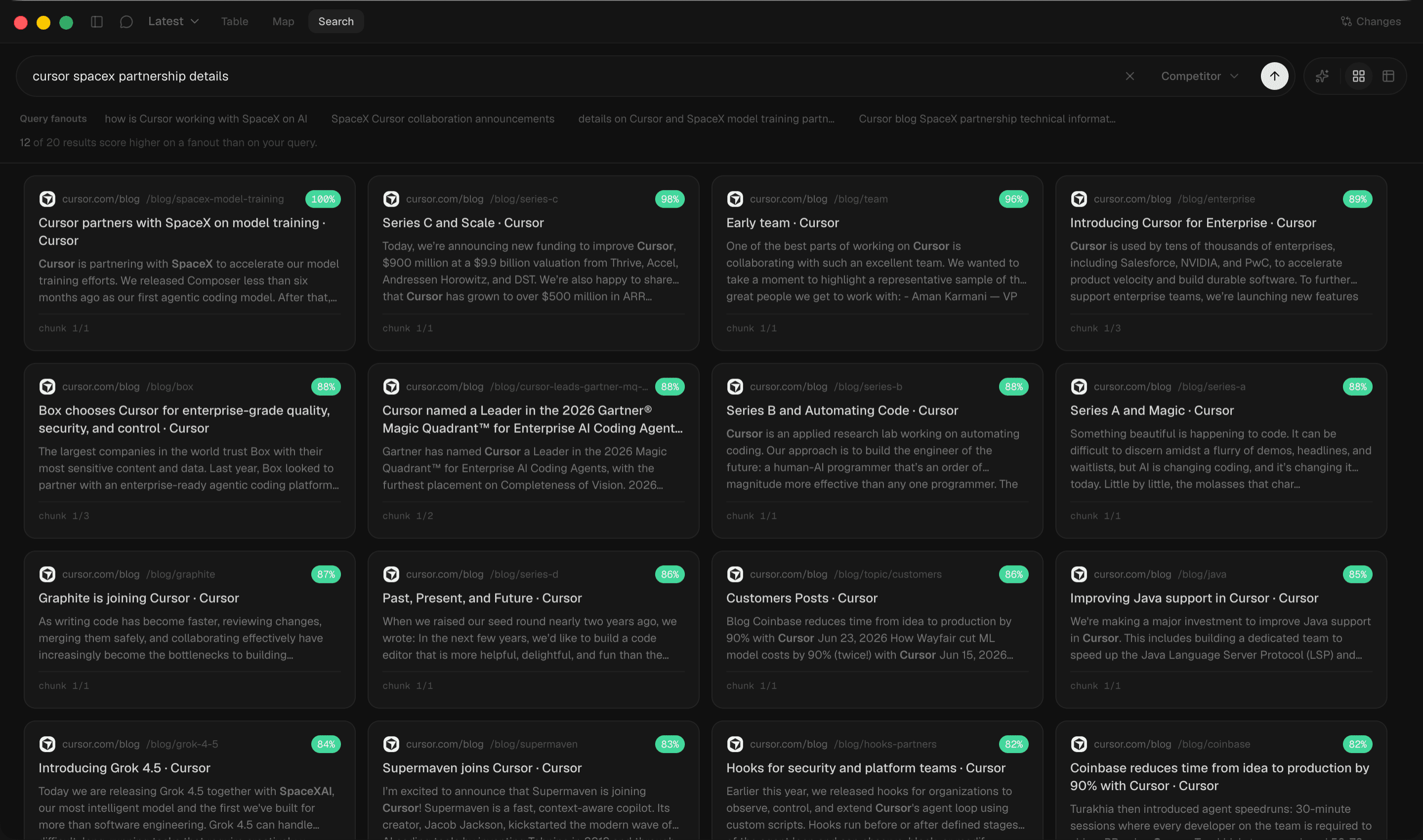 Silkra chunk retrieval view in dark mode