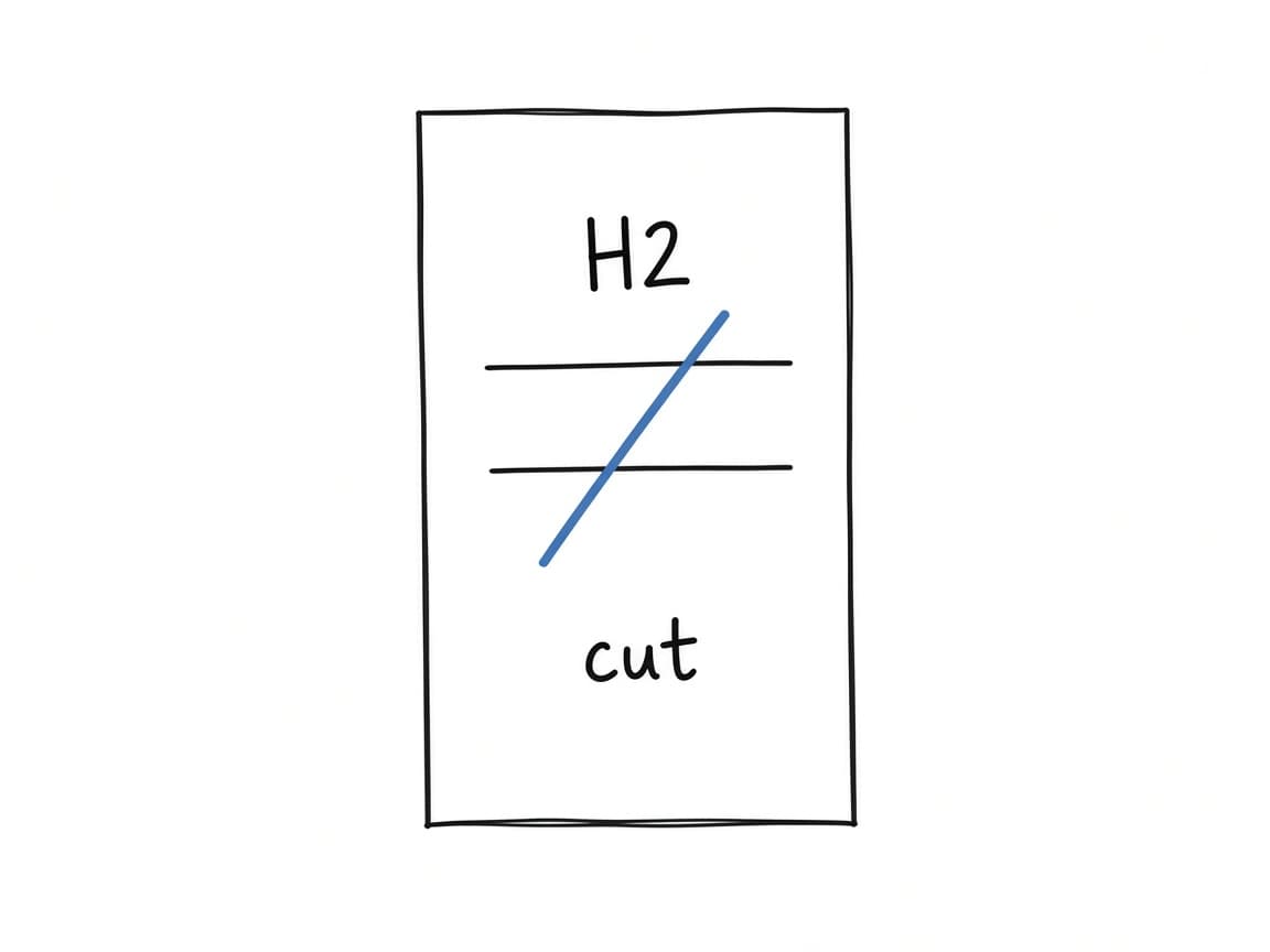 Notebook sketch of a page with two H2 marks, and a steel cut ignoring them and slicing through a line of text.