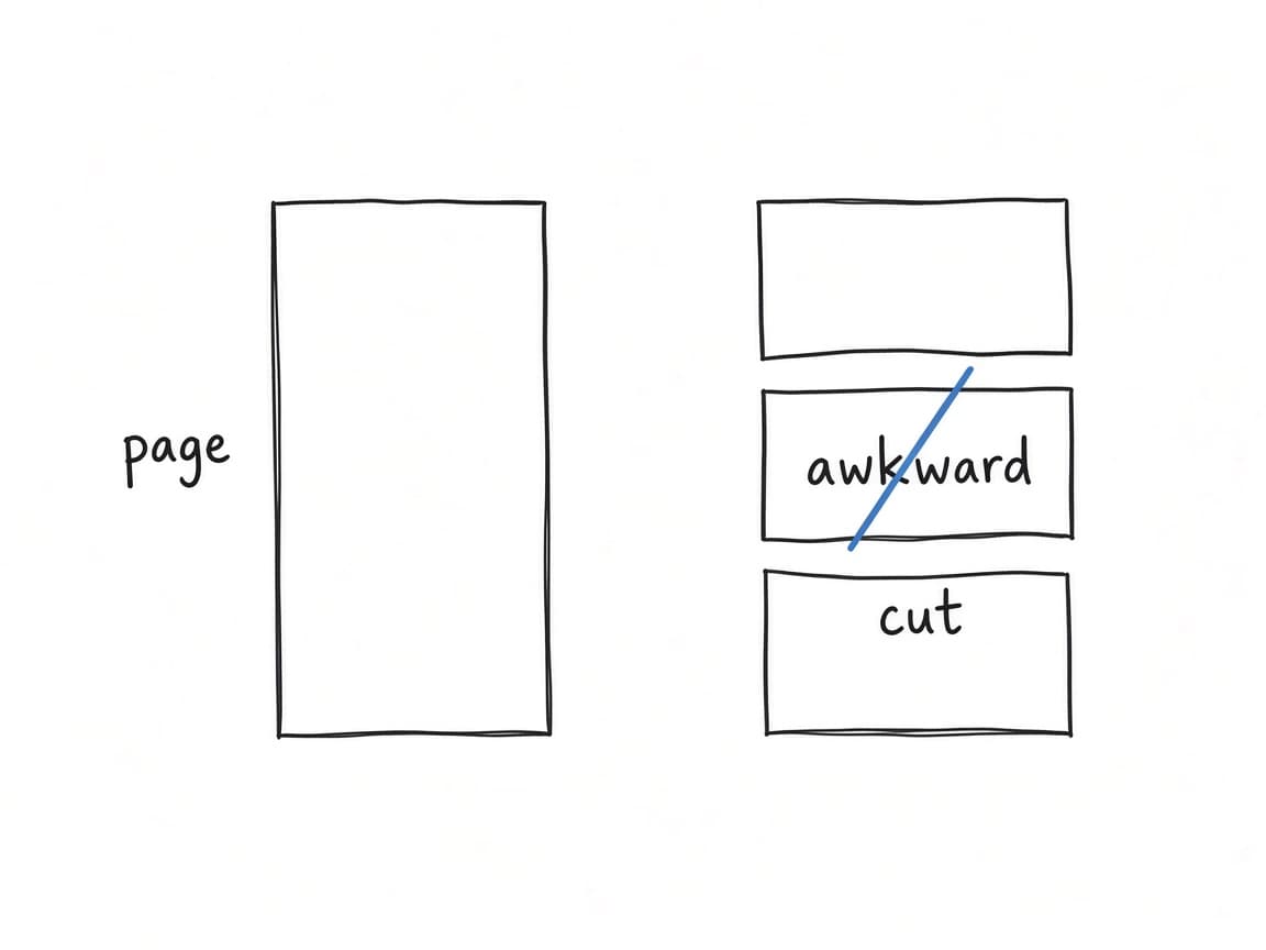 Notebook sketch of a page on the left and the same page cut into passages on the right. A steel slash lands in the middle of a word.